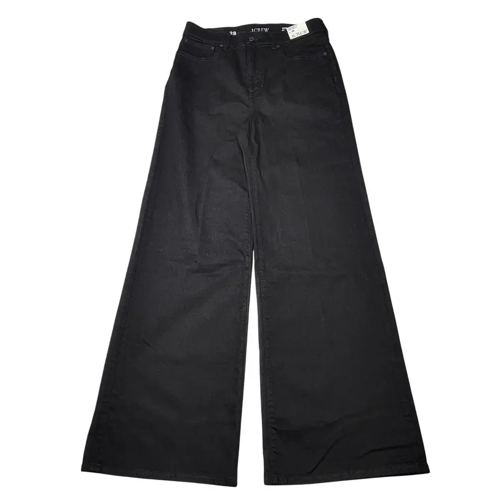 J Crew Denim Trouser‎ Jeans Wide Leg Black Semi Stretch High Rise Minimalist 28